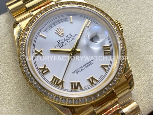 8+ Factory Counterweight Rolex Day-Date 128348RBR-0042 36mm Diamond Bezel Full Yellow Gold Roman Numerals White Dial