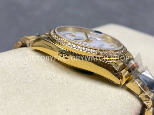 8+ Factory Counterweight Rolex Day-Date 128348RBR-0042 36mm Diamond Bezel Full Yellow Gold Roman Numerals White Dial