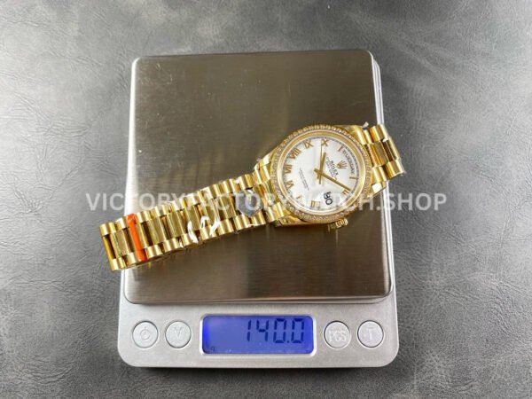 8+ Factory Counterweight Rolex Day-Date 128348RBR-0042 36mm Diamond Bezel Full Yellow Gold Roman Numerals White Dial