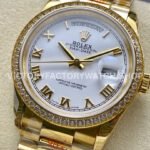8+ Factory Counterweight Rolex Day-Date 128348RBR-0042 36mm Diamond Bezel Full Yellow Gold Roman Numerals White Dial