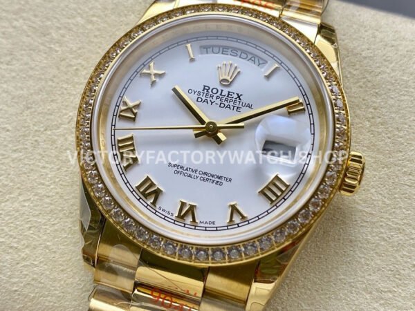 8+ Factory Counterweight Rolex Day-Date 128348RBR-0042 36mm Diamond Bezel Full Yellow Gold Roman Numerals White Dial