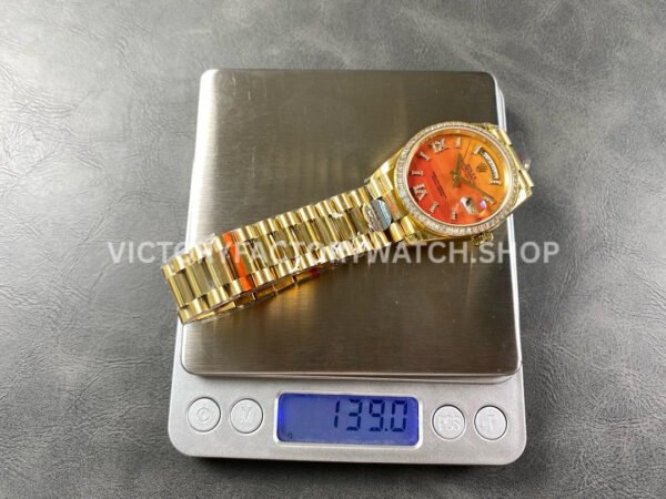 8+ Factory Counterweight Rolex Day-Date 128348RBR-0049 36mm Diamond Yellow Gold Bezel Full Yellow Gold Diamond&Roman Numerals Orange Gradient Dial