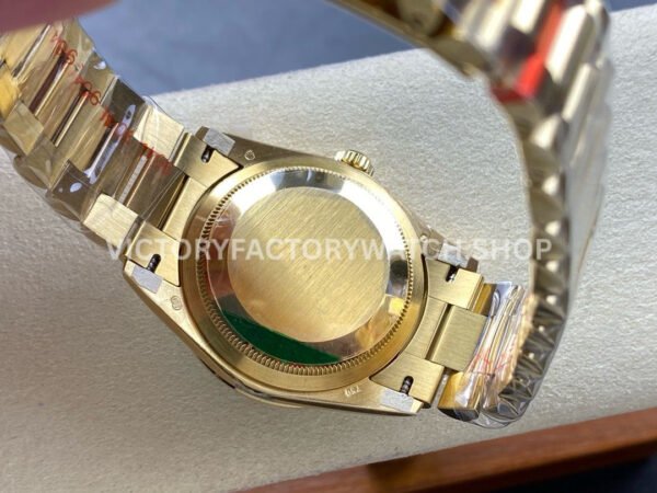8+ Factory Counterweight Rolex Day-Date 128348RBR-0078 36mm Diamond Bezel Full Yellow Gold Baguette Diamond Green Dial