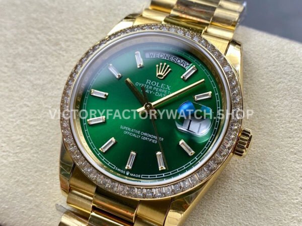 8+ Factory Counterweight Rolex Day-Date 128348RBR-0078 36mm Diamond Bezel Full Yellow Gold Baguette Diamond Green Dial