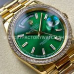 8+ Factory Counterweight Rolex Day-Date 128348RBR-0078 36mm Diamond Bezel Full Yellow Gold Baguette Diamond Green Dial