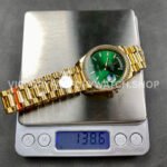 8+ Factory Counterweight Rolex Day-Date 128348RBR-0078 36mm Diamond Bezel Full Yellow Gold Baguette Diamond Green Dial