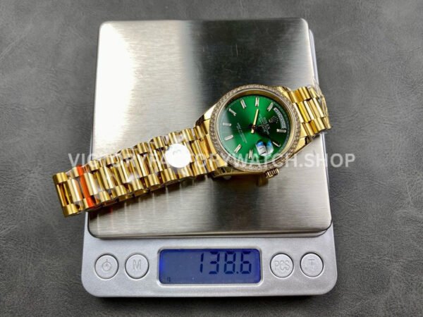 8+ Factory Counterweight Rolex Day-Date 128348RBR-0078 36mm Diamond Bezel Full Yellow Gold Baguette Diamond Green Dial