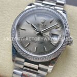 8+ Factory Counterweight Rolex Day-Date 128349RBR-0001 36mm Diamond Bezel Full White Gold Silver Dial
