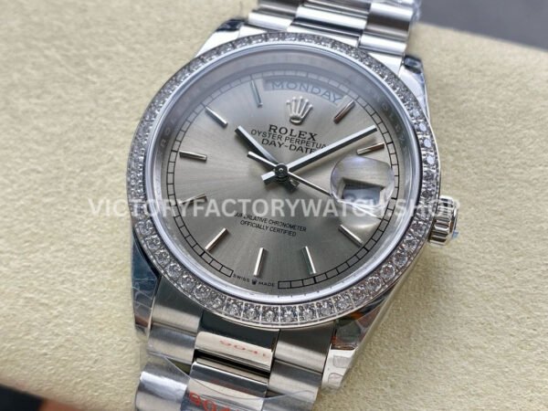 8+ Factory Counterweight Rolex Day-Date 128349RBR-0001 36mm Diamond Bezel Full White Gold Silver Dial
