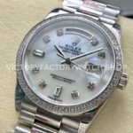 8+ Factory Counterweight Rolex Day-Date 128349RBR-0004 36mm Diamond Bezel Full White Gold Diamond Mope Baguette Diamond Mother Of Pearl Dial