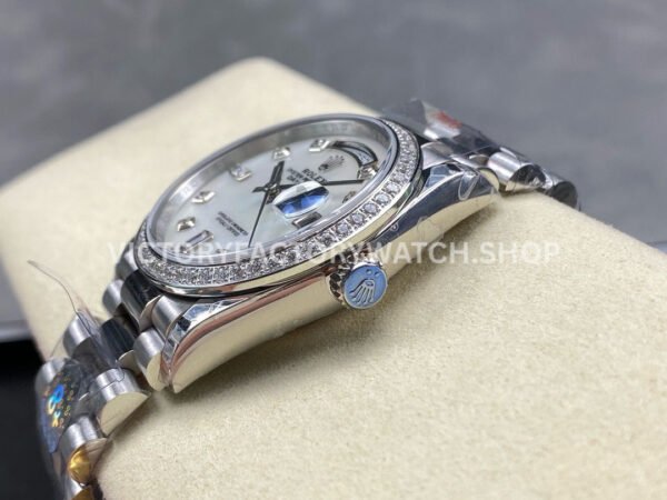 8+ Factory Counterweight Rolex Day-Date 128349RBR-0004 36mm Diamond Bezel Full White Gold Diamond Mope Baguette Diamond Mother Of Pearl Dial