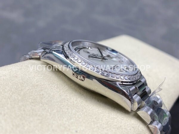 8+ Factory Counterweight Rolex Day-Date 128349RBR-0004 36mm Diamond Bezel Full White Gold Diamond Mope Baguette Diamond Mother Of Pearl Dial