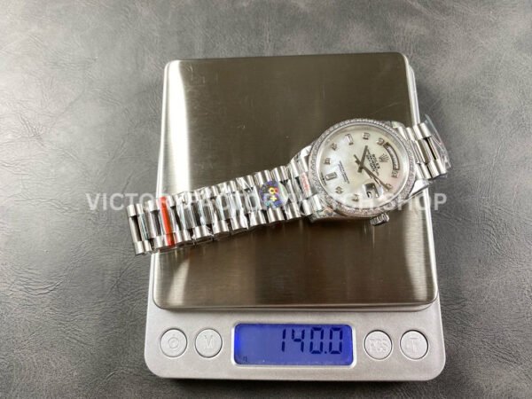 8+ Factory Counterweight Rolex Day-Date 128349RBR-0004 36mm Diamond Bezel Full White Gold Diamond Mope Baguette Diamond Mother Of Pearl Dial