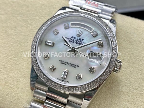 8+ Factory Counterweight Rolex Day-Date 128349RBR-0004 36mm Diamond Bezel Full White Gold Diamond Mope Baguette Diamond Mother Of Pearl Dial