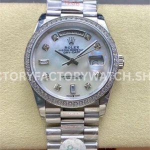 8+ Factory Counterweight Rolex Day-Date 128349RBR-0004 36mm Diamond Bezel Full White Gold Diamond Mope Baguette Diamond Mother Of Pearl Dial