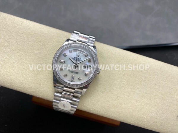 8+ Factory Counterweight Rolex Day-Date 128349RBR-0004 36mm Diamond Bezel Full White Gold Diamond Mope Baguette Diamond Mother Of Pearl Dial