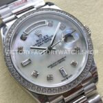 8+ Factory Counterweight Rolex Day-Date 128349RBR-0004 36mm Diamond Bezel Full White Gold Diamond Mope Baguette Diamond Mother Of Pearl Dial