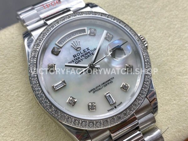 8+ Factory Counterweight Rolex Day-Date 128349RBR-0004 36mm Diamond Bezel Full White Gold Diamond Mope Baguette Diamond Mother Of Pearl Dial