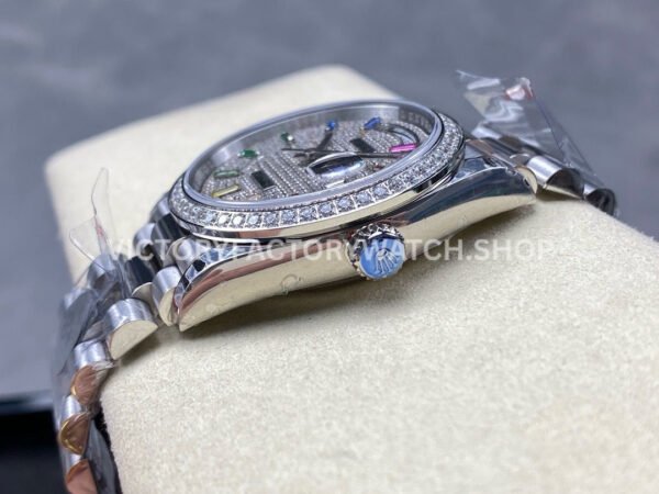 8+ Factory Counterweight Rolex Day-Date 128349RBR-0006 36mm Diamond White Gold Bezel Full White Gold Baguette Diamond White Gold Dial
