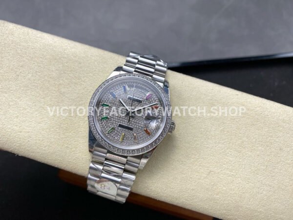 8+ Factory Counterweight Rolex Day-Date 128349RBR-0006 36mm Diamond White Gold Bezel Full White Gold Baguette Diamond White Gold Dial