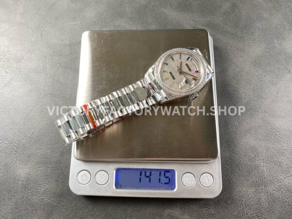 8+ Factory Counterweight Rolex Day-Date 128349RBR-0006 36mm Diamond White Gold Bezel Full White Gold Baguette Diamond White Gold Dial