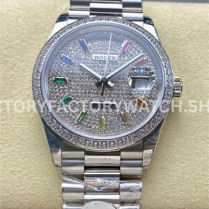 8+ Factory Counterweight Rolex Day-Date 128349RBR-0006 36mm Diamond White Gold Bezel Full White Gold Baguette Diamond White Gold Dial