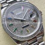 8+ Factory Counterweight Rolex Day-Date 128349RBR-0006 36mm Diamond White Gold Bezel Full White Gold Baguette Diamond White Gold Dial