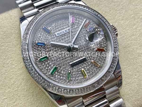 8+ Factory Counterweight Rolex Day-Date 128349RBR-0006 36mm Diamond White Gold Bezel Full White Gold Baguette Diamond White Gold Dial