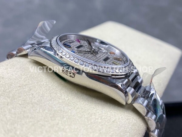 8+ Factory Counterweight Rolex Day-Date 128349RBR-0006 36mm Diamond White Gold Bezel Full White Gold Baguette Diamond White Gold Dial