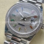 8+ Factory Counterweight Rolex Day-Date 128349RBR-0006 36mm Diamond White Gold Bezel Full White Gold Baguette Diamond White Gold Dial