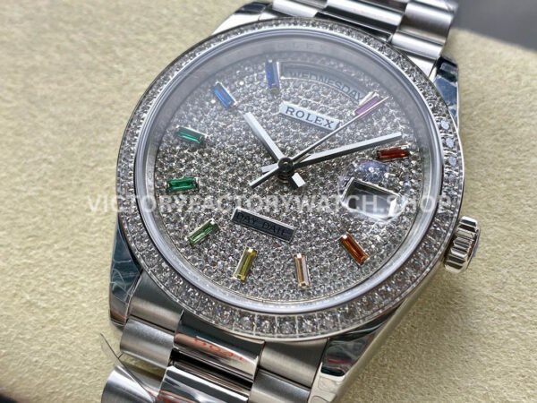 8+ Factory Counterweight Rolex Day-Date 128349RBR-0006 36mm Diamond White Gold Bezel Full White Gold Baguette Diamond White Gold Dial