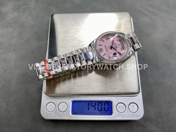 8+ Factory Counterweight Rolex Day-Date 128349RBR-0008 36mm Diamond Bezel White Gold Roman Number Pink Dial