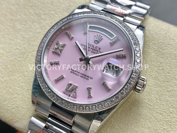 8+ Factory Counterweight Rolex Day-Date 128349RBR-0008 36mm Diamond Bezel White Gold Roman Number Pink Dial