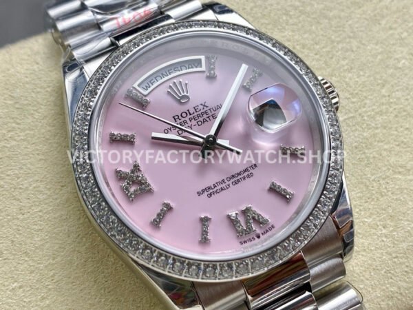 8+ Factory Counterweight Rolex Day-Date 128349RBR-0008 36mm Diamond Bezel White Gold Roman Number Pink Dial