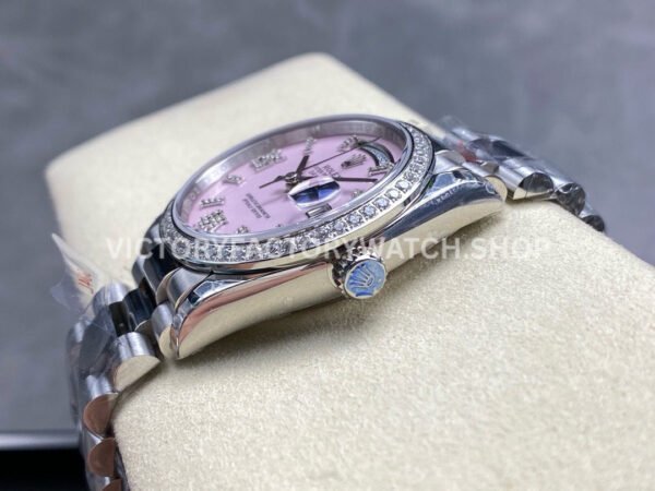 8+ Factory Counterweight Rolex Day-Date 128349RBR-0008 36mm Diamond Bezel White Gold Roman Number Pink Dial