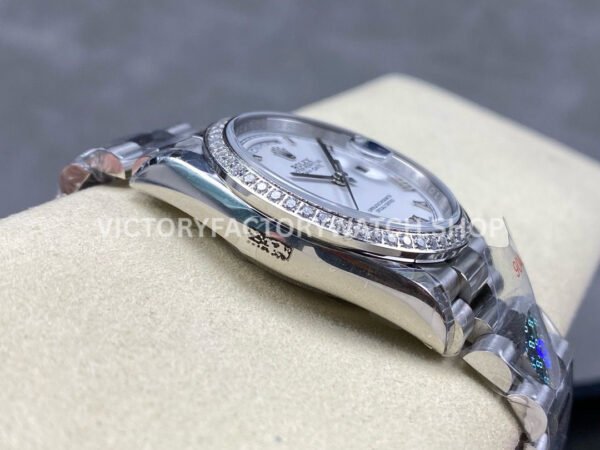 8+ Factory Counterweight Rolex Day-Date 128349RBR-0025 36mm Diamond Bezel Full White Gold Roman Numerals White Dial