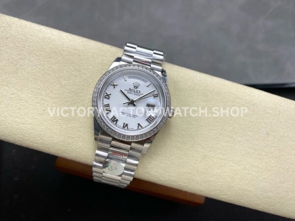 8+ Factory Counterweight Rolex Day-Date 128349RBR-0025 36mm Diamond Bezel Full White Gold Roman Numerals White Dial