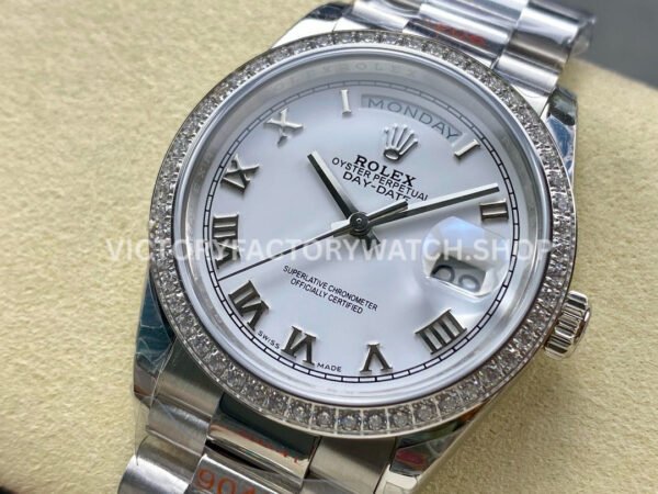 8+ Factory Counterweight Rolex Day-Date 128349RBR-0025 36mm Diamond Bezel Full White Gold Roman Numerals White Dial