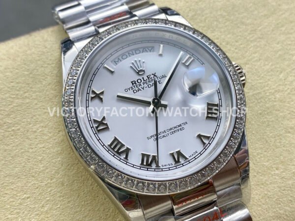 8+ Factory Counterweight Rolex Day-Date 128349RBR-0025 36mm Diamond Bezel Full White Gold Roman Numerals White Dial