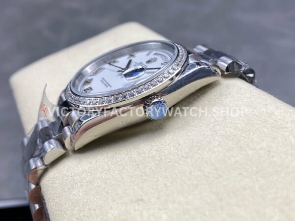 8+ Factory Counterweight Rolex Day-Date 128349RBR-0025 36mm Diamond Bezel Full White Gold Roman Numerals White Dial