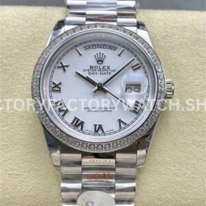 8+ Factory Counterweight Rolex Day-Date 128349RBR-0025 36mm Diamond Bezel Full White Gold Roman Numerals White Dial