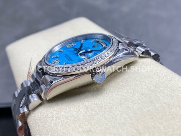 8+ Factory Counterweight Rolex Day-Date 128349RBR-0031 36mm Diamond Bezel White Gold Roman Number Blue Dial