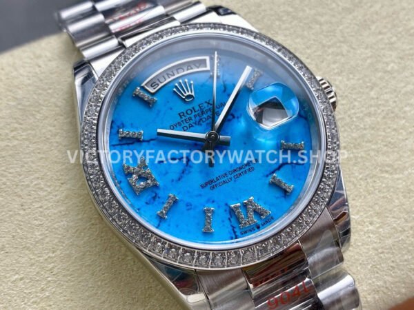 8+ Factory Counterweight Rolex Day-Date 128349RBR-0031 36mm Diamond Bezel White Gold Roman Number Blue Dial