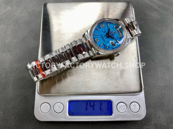 8+ Factory Counterweight Rolex Day-Date 128349RBR-0031 36mm Diamond Bezel White Gold Roman Number Blue Dial