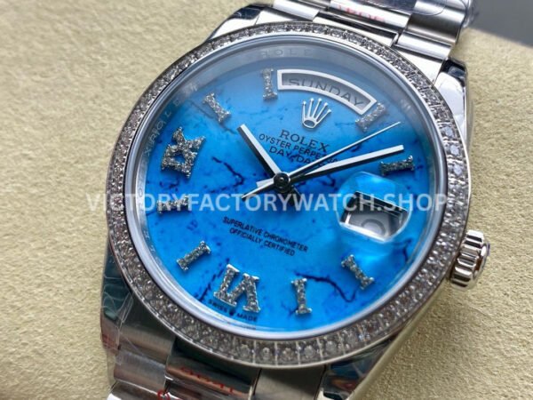8+ Factory Counterweight Rolex Day-Date 128349RBR-0031 36mm Diamond Bezel White Gold Roman Number Blue Dial