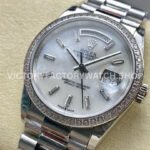8+ Factory Counterweight Rolex Day-Date 128349RBR-0049 36mm Diamond Bezel White Gold Baguette Diamond Mother Of Pearl Dial