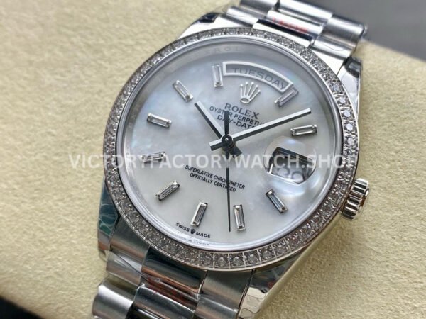 8+ Factory Counterweight Rolex Day-Date 128349RBR-0049 36mm Diamond Bezel White Gold Baguette Diamond Mother Of Pearl Dial