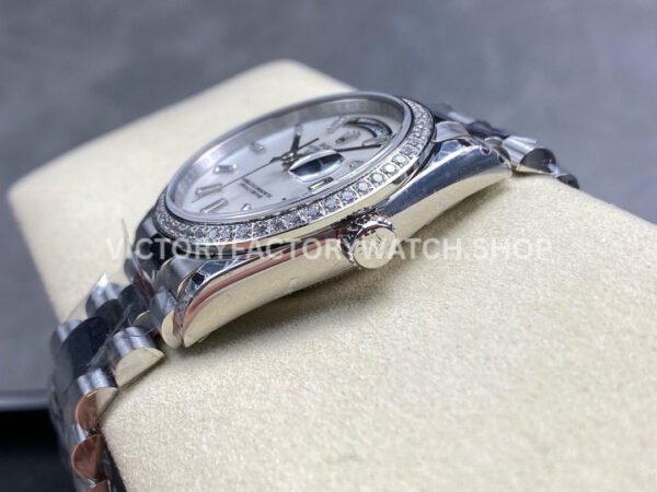 8+ Factory Counterweight Rolex Day-Date 128349RBR-0049 36mm Diamond Bezel White Gold Baguette Diamond Mother Of Pearl Dial