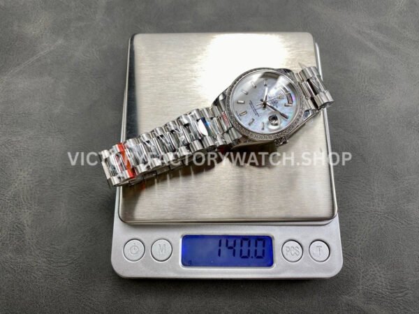 8+ Factory Counterweight Rolex Day-Date 128349RBR-0049 36mm Diamond Bezel White Gold Baguette Diamond Mother Of Pearl Dial