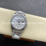 8+ Factory Counterweight Rolex Day-Date 128349RBR-0049 36mm Diamond Bezel White Gold Baguette Diamond Mother Of Pearl Dial